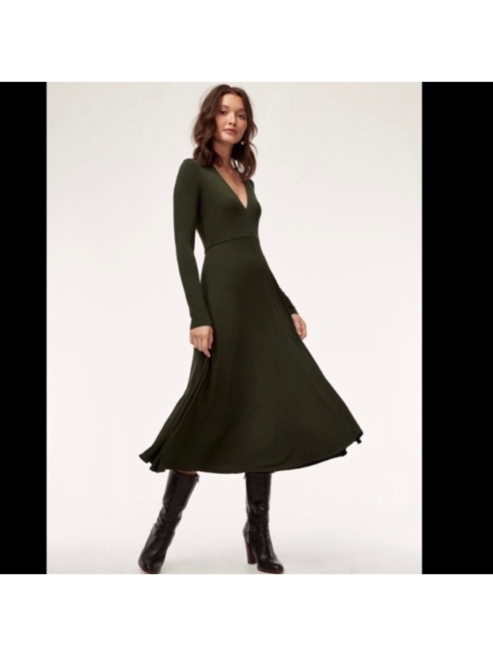 Aritzia Long Sleeve V-Neck Midi Dress in Olive
